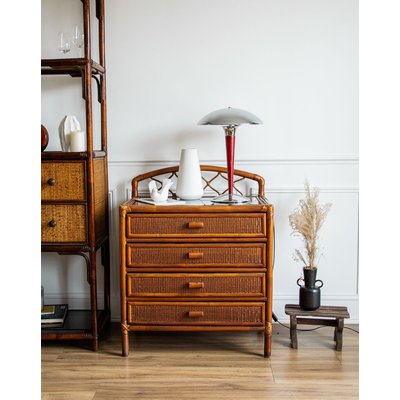 Commode en rotin et verre Garance N°132 - Bon état DEBONGOUT