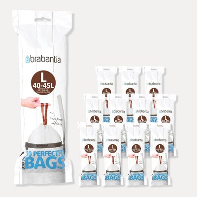Lot de 12 rouleaux de 10 sacs poubelles 45 l blanc code L (dont 1 offert) BRABANTIA