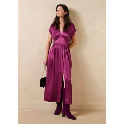 Robe longue manches courtes col V en satin LA FEE MARABOUTEE