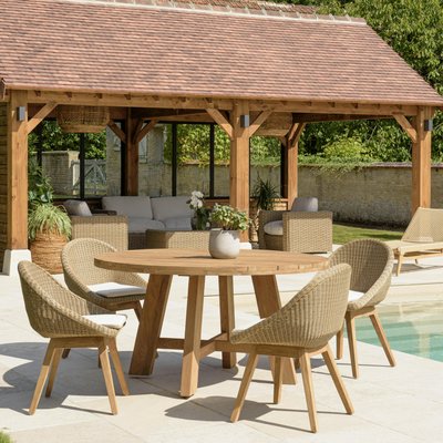 Salon de jardin teck naturel 1 table ronde 150 cm + 4 chaises arrondies résine tressée MANY PIER IMPORT
