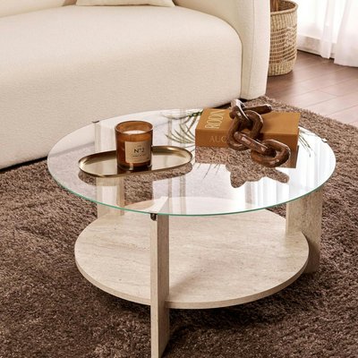 Table basse verre double plateau - effet travertin SALTA PIER IMPORT