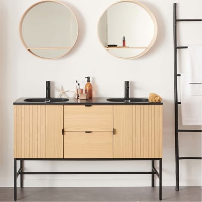 Meuble double vasque 140cm chêne, robinets noirs et miroirs ronds STUDIO MOB IN