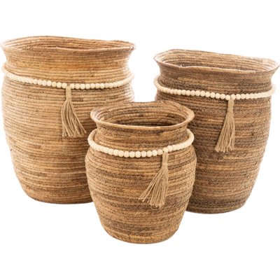 Panier décoratif en fibres naturelles avec perles et pompon RECOLLECTION