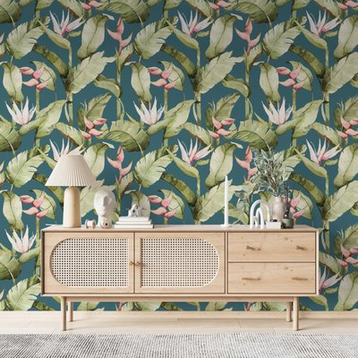 Papier peint botanique avec fleurs et plantes tropicales - 340x260 cm (l x h) LA TOUCHE ORIGINALE