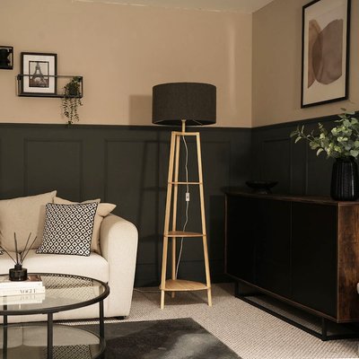 Natural Wood 3 Tier Shelf Wooden Floor Lamp with Boucle Shade SO'HOME