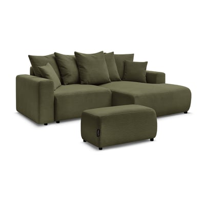 Canapé d'angle convertible 4 places en velours côtelé avec pouf, ATILLA BOBOCHIC