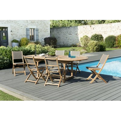 Salon de jardin bois de teck table de jardin extensible ovale 180/240x100cm + 6 chaises pliantes textilène SUMMER PIER IMPORT