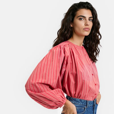 Blouse col mao rayée oversize en coton, Signature BERTHE LA REDOUTE COLLECTIONS
