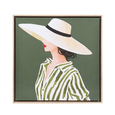 Toile imprimée femme au chapeau kaki cadre bois 60x60 cm AMADEUS