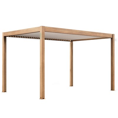 Pergola bioclimatique autoportée 4x3m motorisée effet bois toit blanc en aluminium avec éclairage LED, KAVALA OVIALA