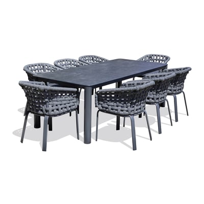 Ensemble repas de jardin 8 pl en alu plateau céramique sur verre CAMARGUE PARIS GARDEN