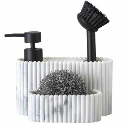 Distributeur liquide vaisselle + porte éponges résine blanc effet marbre 17x12x20cm WADIGA
