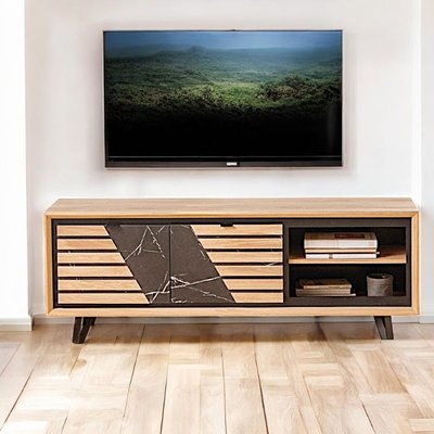 Meuble TV 2 portes chêne blanc décor graphique ESSEN PIER IMPORT