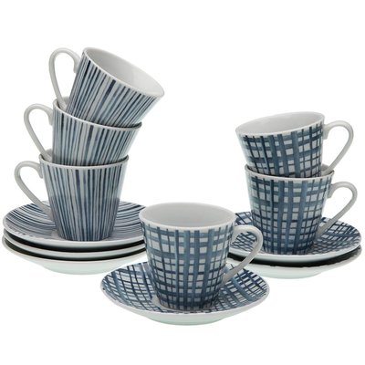 Set de 6 tasses avec dessous de tasses en porcelaine bleue et blanche VERSA