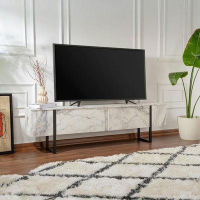 Meuble TV avec rangement - effet marbre, pieds noirs JENA PIER IMPORT