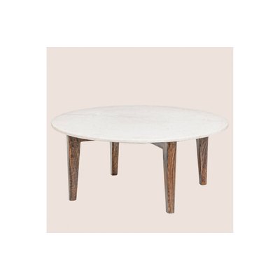 Table basse ronde vintage en manguier et marbre blanc L75 - BLANY HELLIN, DEPUIS 1862