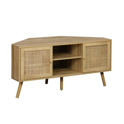 Meuble TV d'angle décor bois et cannage 2 portes 115cm BOHEME SWEEEK