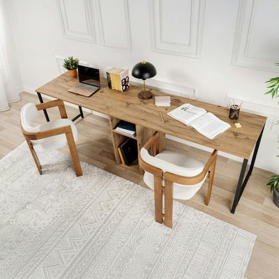Bureau double avec rangement central - plateau effet pin MARFA PIER IMPORT