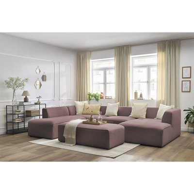 Canapé panoramique fixe 6 places en tissu chiné avec pouf, MEGEVE BOBOCHIC