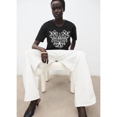 Débardeur Mango Blanc Brodé Noir | Taille 40 En Coton Et Lin | Neuf Avec étiquette
