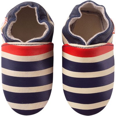 Chaussons bébé cuir souple Marcus rayé marine et rouge TICHOUPS