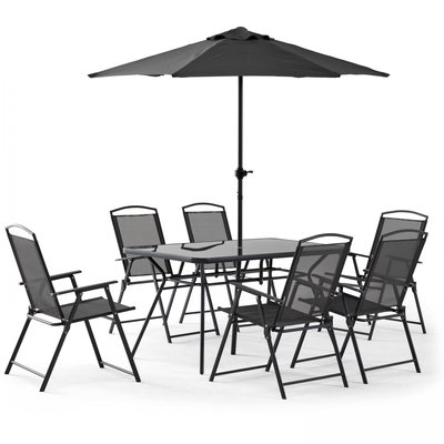 Salon de jardin table et 6 chaises avec parasol, BORMES OVIALA
