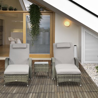 Lot de 2 bains de soleil inclinaison réglable multipostions + table basse résine tressée OUTSUNNY