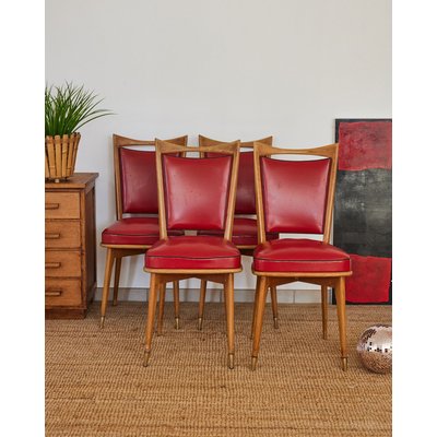 Lot de 4 chaises en skaï rouge Alma N°1591 - Bon état DEBONGOUT