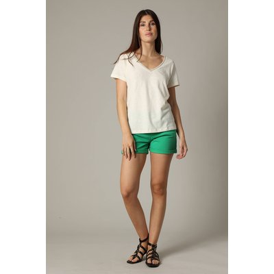 T-shirt femme en coton et lin avec détail col V fantaisie LYVIA DEELUXE