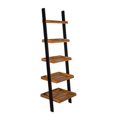 Black Frame Ladder Shelf with Oiled Wood Shelves SO'HOME