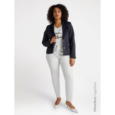 Blazer gessato con revers e tasche in denim, due bottoni gioiello FIORELLA RUBINO