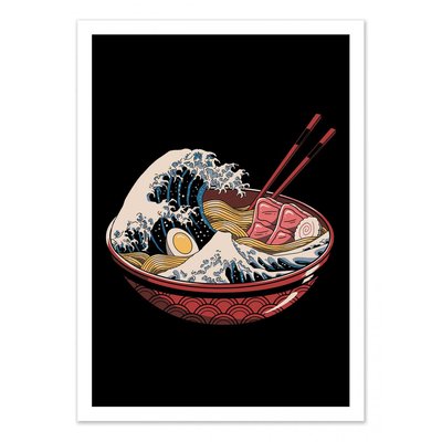 Affiche d’art et cadre noir 50 x 70 cm - The great ramen wave Black version - Vincent Trinidad WALL EDITIONS