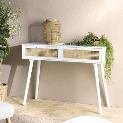 Console blanche moderne 2 tiroirs cannage naturel CALVIA PIER IMPORT