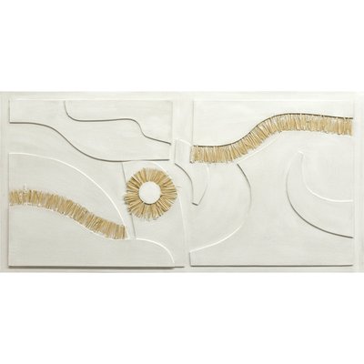 Tableau mural abstrait en relief motifs rafia  et ocre RECOLLECTION