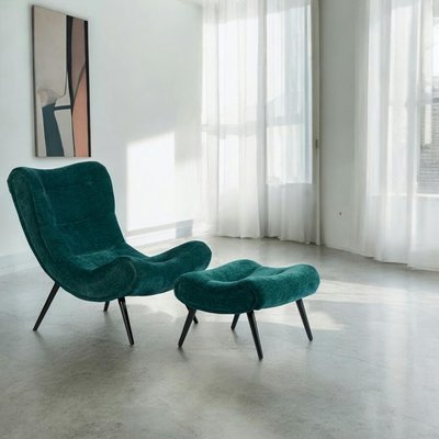 Fauteuil et pouf assortis tissu bleu pétrole MALMOE PIER IMPORT