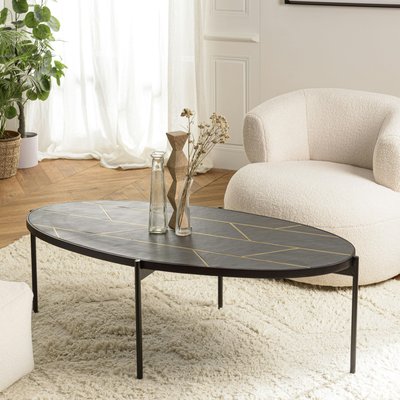 Table basse ovale bois anthracite lignes dorées BIHAR PIER IMPORT
