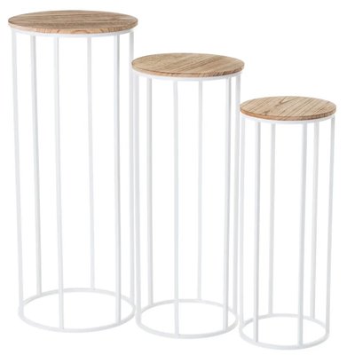 Set de 3 sellettes rondes en métal blanc et plateaux bois 31x31x81cm WADIGA