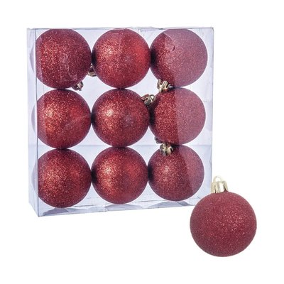 Set de 9 boules de Noël rouges à paillettes - 6cm WADIGA