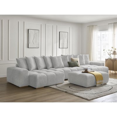 Canapé panoramique convertible 7 places en tissu bouclette avec pouf, ANAKIN BOBOCHIC