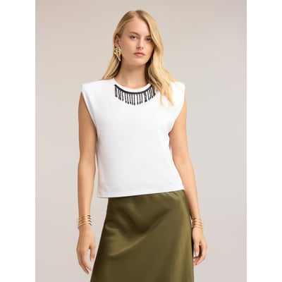 Top avec franges et perles sur l'encolure ras-du-cou MOTIVI