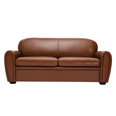 Canapé convertible vintage 3 places cuir marron et bois noir avec matelas 9 cm CLUB MILIBOO