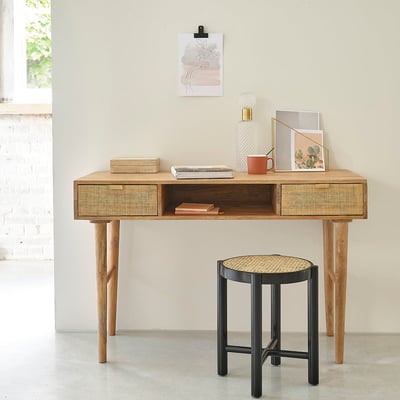 Bureau en bois de manguier et cannage 2 tiroirs  FELICIE BERAH GETAH