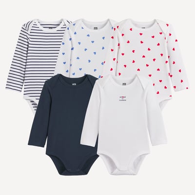 Lot de 5 bodies emmanchures américaines manches longues, en coton, cœurs LA REDOUTE COLLECTIONS