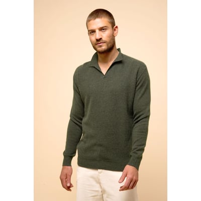 Pull Col Polo Ouvert Kaki Chiné Noah JUST CASHMERE