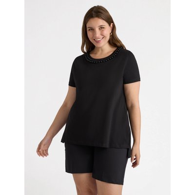 T-shirt con ricamo in perle cucite attorno lo scollo, maniche corte e linea dritta FIORELLA RUBINO