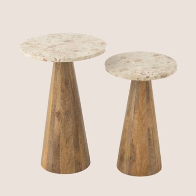 Tables basses en marbre beige et pied bois D35 (set de 2) - ASO HELLIN, DEPUIS 1862