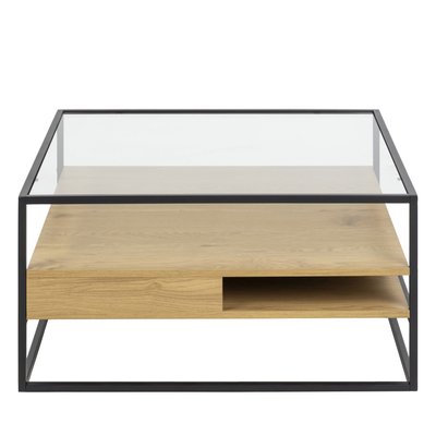 Table basse carrée en verre, bois et métal 80x80cm - Luma DRAWER