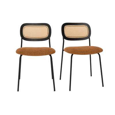 Chaises design en tissu effet velours texturé vert kaki, métal noir et cannage rotin (lot de 2) MIRANDA MILIBOO