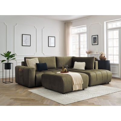 Canapé d'angle convertible 4 places en velours avec pouf, ARSENE BOBOCHIC