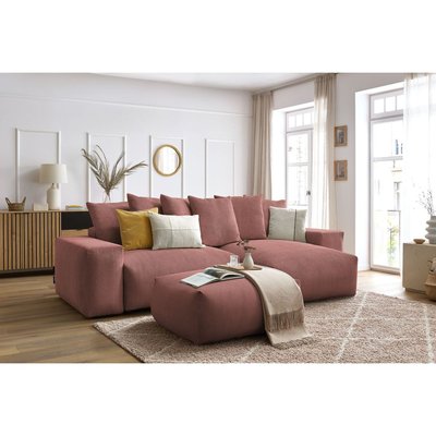 Canapé d'angle convertible 5 places en velours côtelé avec pouf, VOLTAIRE BOBOCHIC
